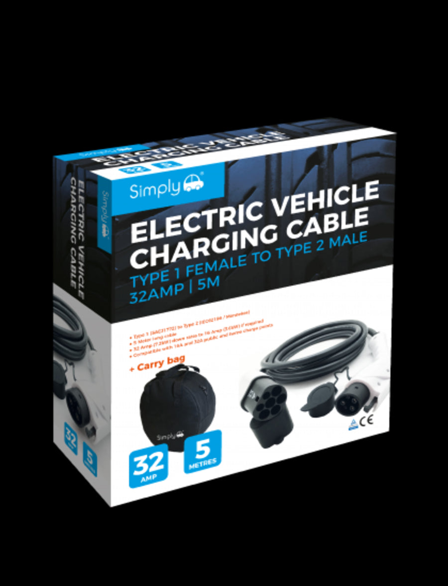 Simply EV Charging Cable - Type 1 to Type 2 - 16A/32A - 5m