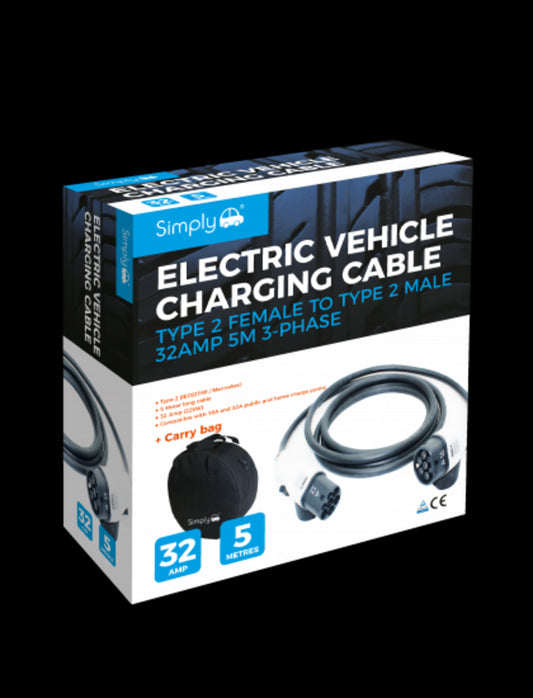Simply EV Charging Cable - Type 1 to Type 2 - 16A/32A - 5m - 3 Phase