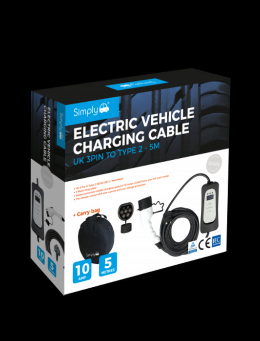 Simply EV Charging Cable - 3 Pin to Type 2 - 10A - 5m