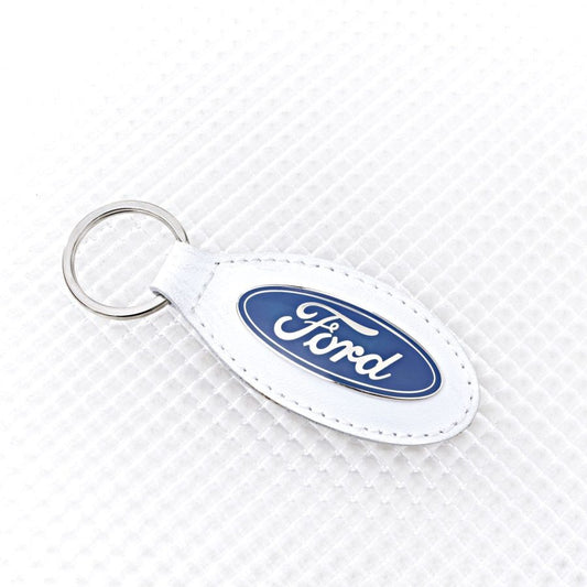 Richbrook \'Official Licensed\' Ford Logo Keyring with WHITE Leather Key Fob